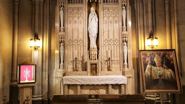 The Chapel of Our Lady of Lourdes at the Cathedral Basilica of the Sacred Heart in Newark, NJ where St. John Paul II's visit to the cathedral is remembered