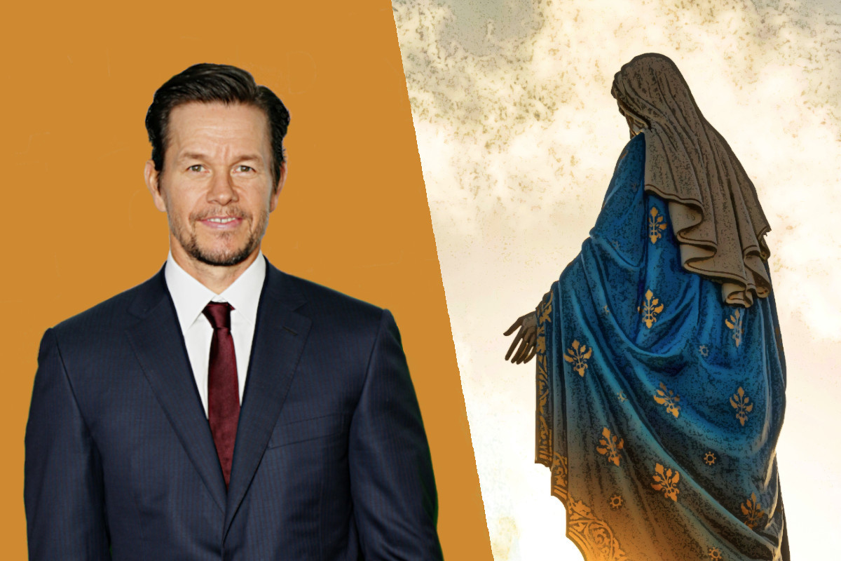 Mark Wahlberg and statue of the Virgin Mary