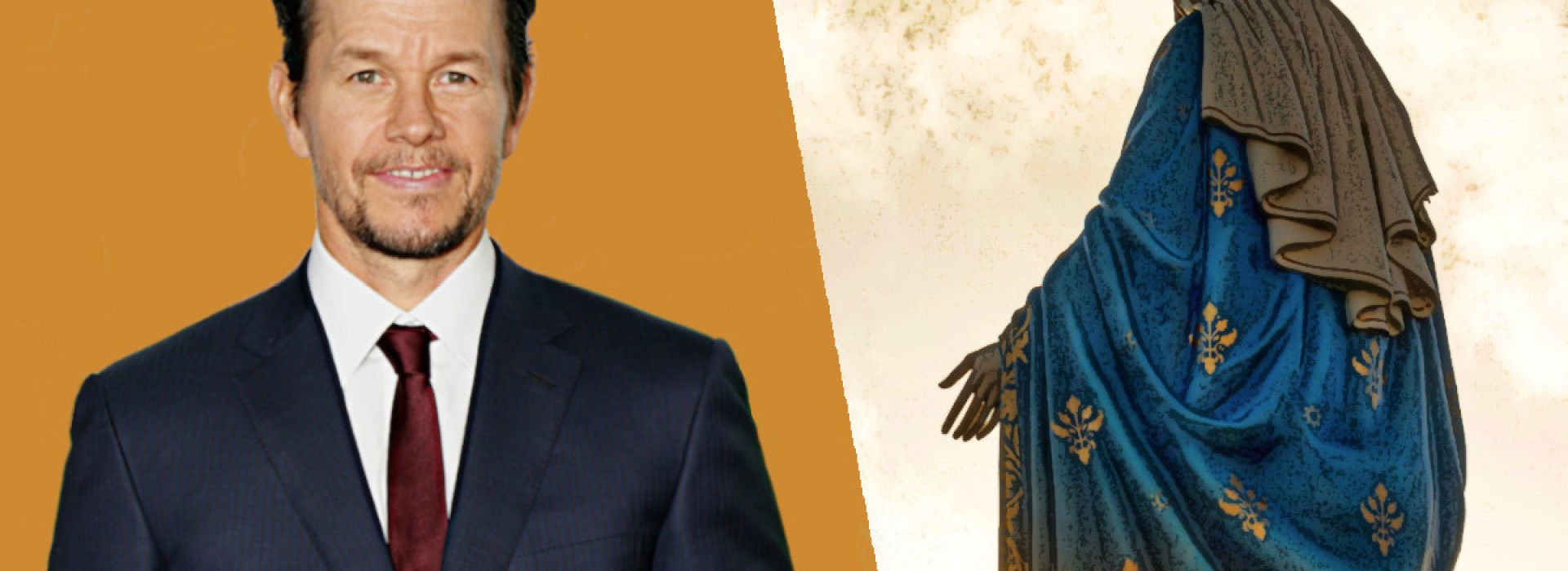Mark Wahlberg and statue of the Virgin Mary