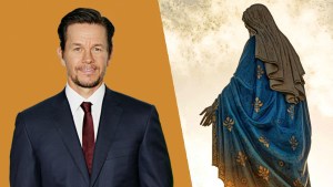 Mark Wahlberg and statue of the Virgin Mary