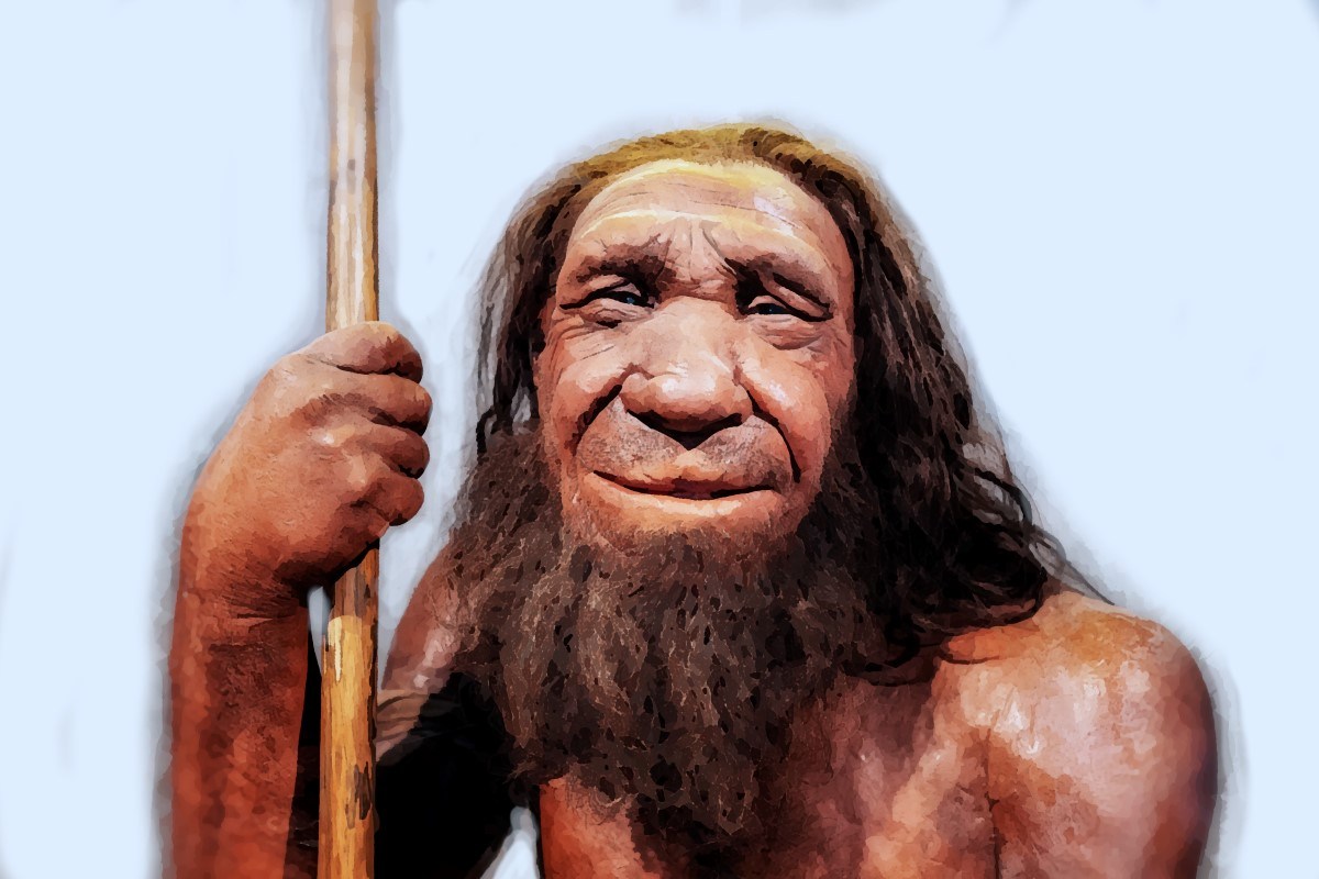 Neanderthal museum, Germany: Detailed wax figure of Neanderthal man with spear