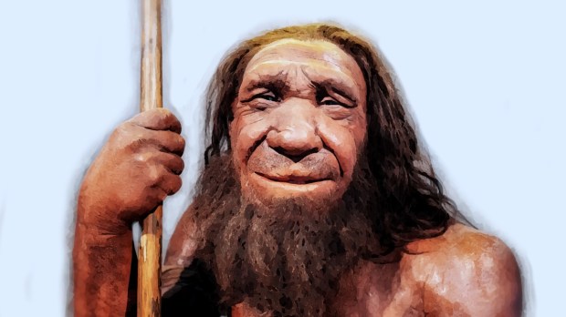 Neanderthal museum, Germany: Detailed wax figure of Neanderthal man with spear
