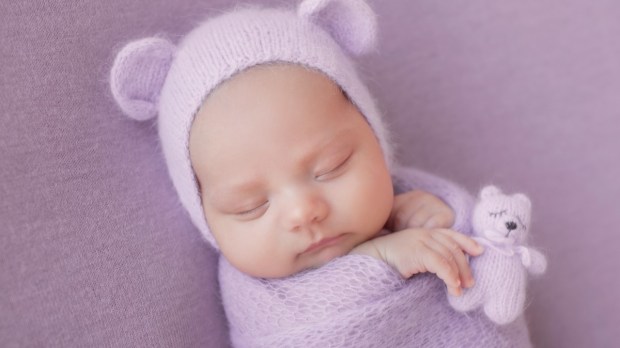 Newborn baby girl wrapped in lavender knitted blanket