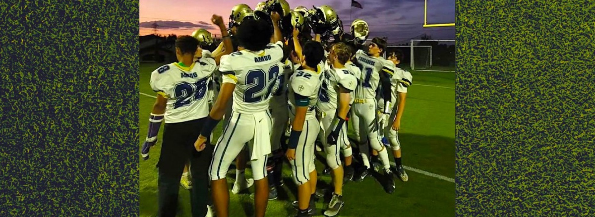 St. Joseph Academy High School football team, gathered on the field at dusk after a game.