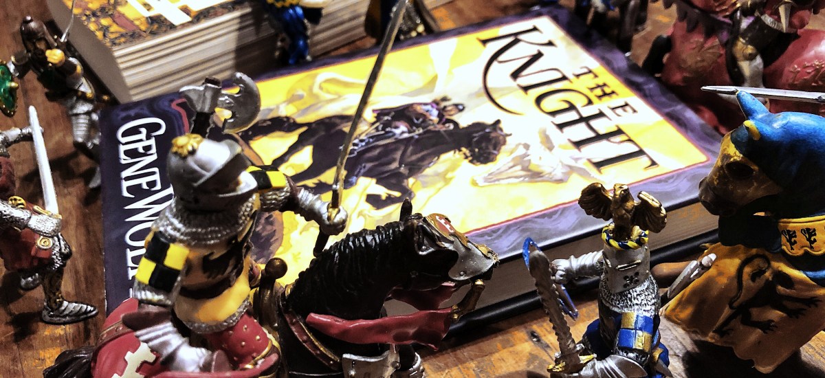 "The Knight" by Gene Wolfe, close up of book and toy knights