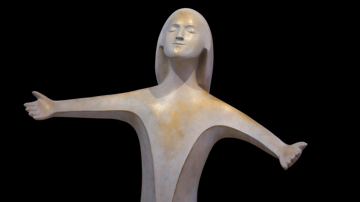 Therese de Lisieux, aged 11, real size bronze statue, arms opened to the light of God, 2012, by Fleur Nabert, Chapelle Notre Dame du sourire