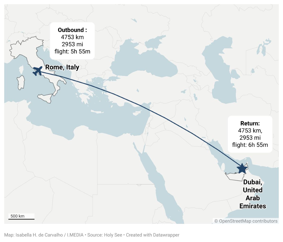 A maps showing the duration and distance of Pope Francis' flight from Rome to Dubai in December 2023