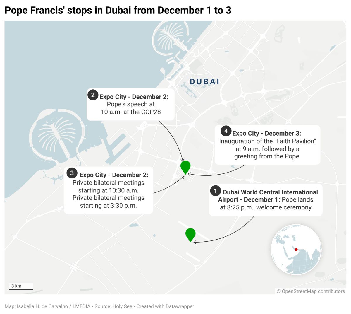 A map showing Pope Francis' stops during his trip to Dubai for the COP28 in December 2023