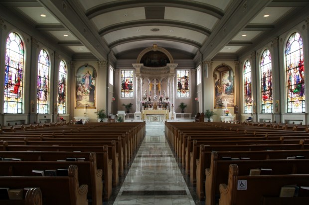 Stained-glass windows in the St. John's Catholic Newman Center in Champaign, Illinois.