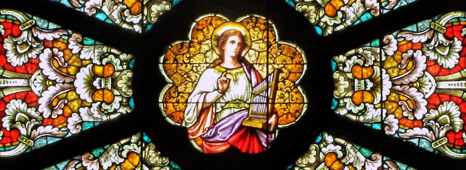 Detail of a rose window by Frei & Associates. Arcadia Academy in Arcadia, MO