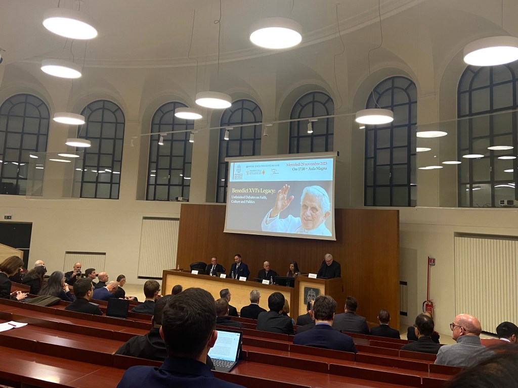 Photo from a conference held at the Pontifical Gregorian University on November 29, 2023, on Benedict XVI's legacy