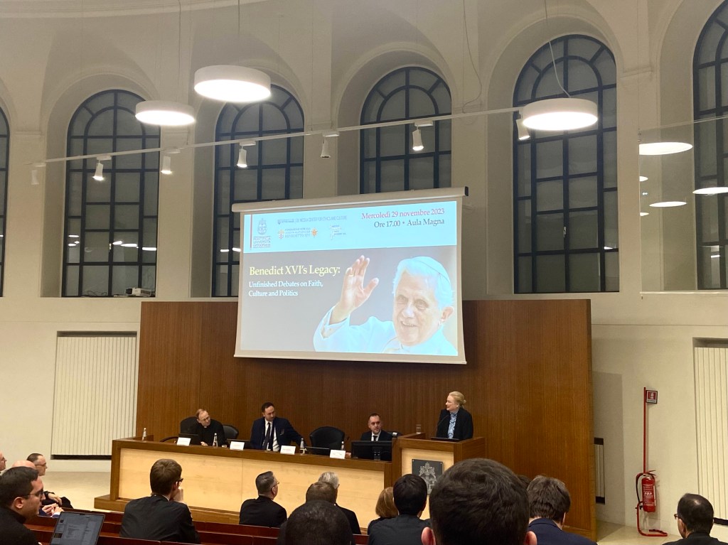 Photo from a conference held at the Pontifical Gregorian University on November 29, 2023, on Benedict XVI's legacy