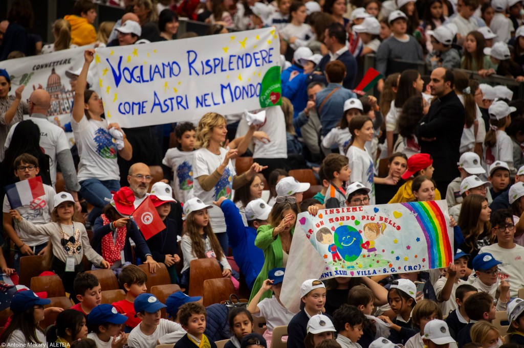 Pope Francis attends a meeting with children from all over the world