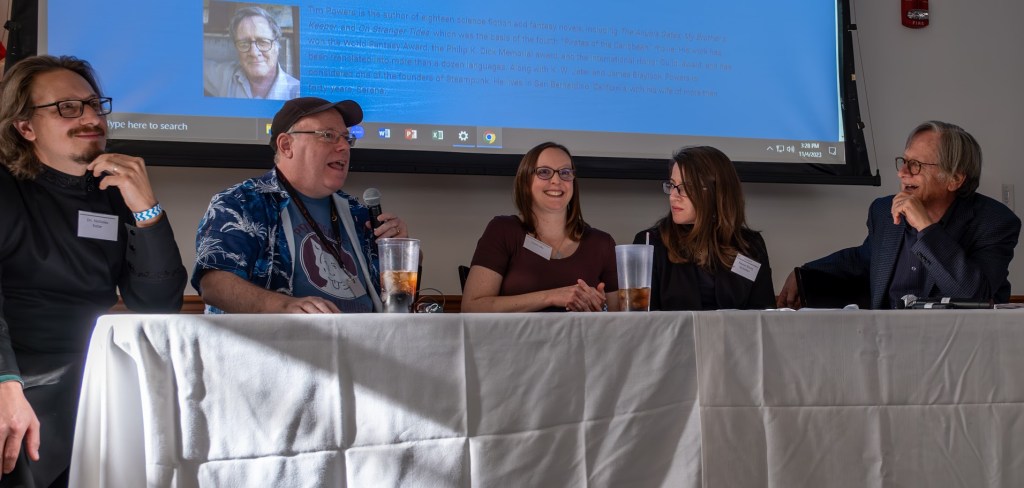 Deacon Nicholas Kotar, Kenneth Hite, Karen Ullo, Eleanor Bourg Nicholson, and Tim Powers at the author Q&A panel.