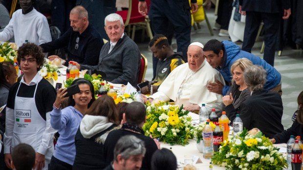 Pope Francis attends a lunch at the Paul VI hall for the World Day of the Poor in The Vatican