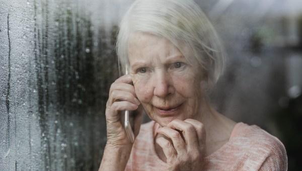phone call time listening elderly woman rain worry