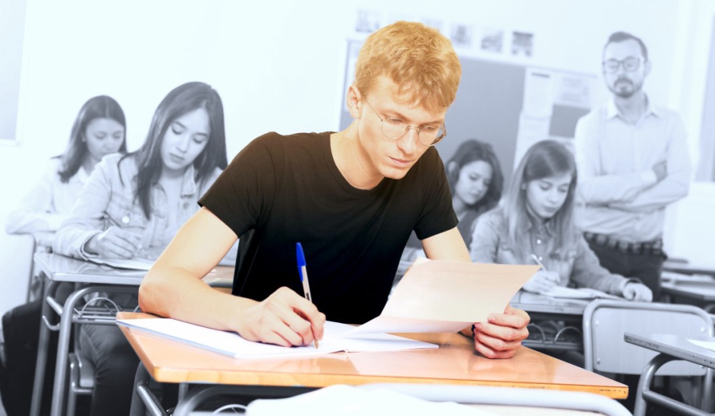 High school student writing at desk