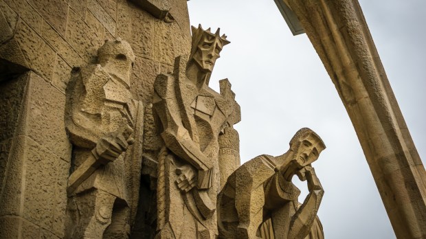 Detail from the Passion facade of Sagrada Familia Cathedral, designed by Spanish sculptor Josep Maria Subirachs.