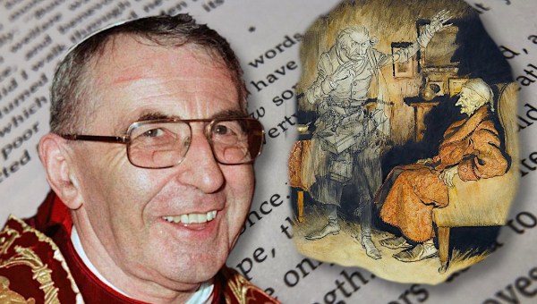 Collage for John Paul I's letter to Charles Dickens with scene from A Christmas Carol