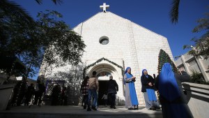 Nuns in front of Holy Family Church, Gaza City
