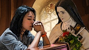 woman praying in church with st. therese of lisieux