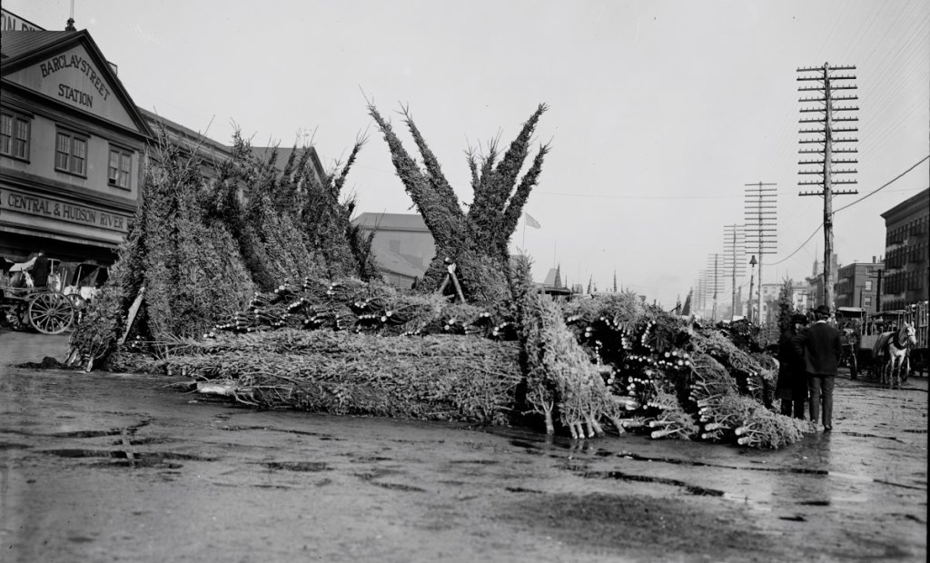 Old photo of Christmas tree market in New York City