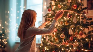 Girl decorating tree for Christmas