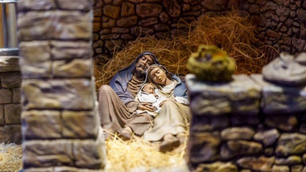 Christmas nativity scene with Mary. Joseph, the three wise men and baby Jesus in a manger