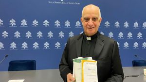 Monsignor Rino Fisichella at a press conference on the Year of Prayer 2024 in light of the Jubilee 2025 at the Vatican on January 23, 2024