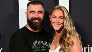 Jason Kelce and Kylie Kelce attend Thursday Night Football Presents The World Premiere of "Kelce" on September 08, 2023 in Philadelphia