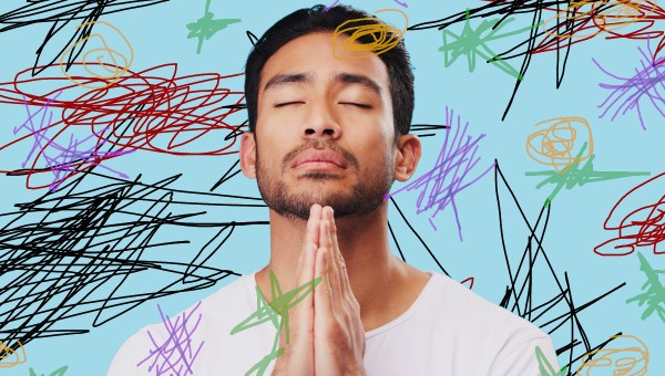 Man praying amid distractions