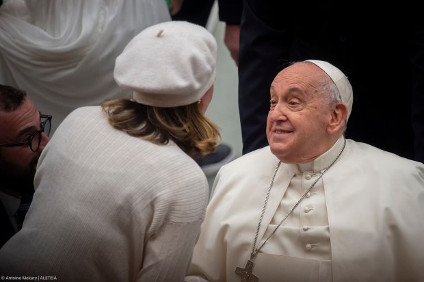 Pope Francis as he greets pilgrims at the end of his weekly general audience Paul VI hall in the Vatican