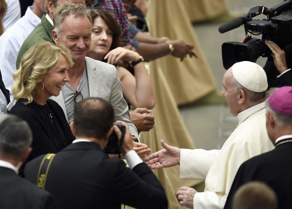 Pope Francis greets Sting and his wife, Trudie Styler, August 8, 2018