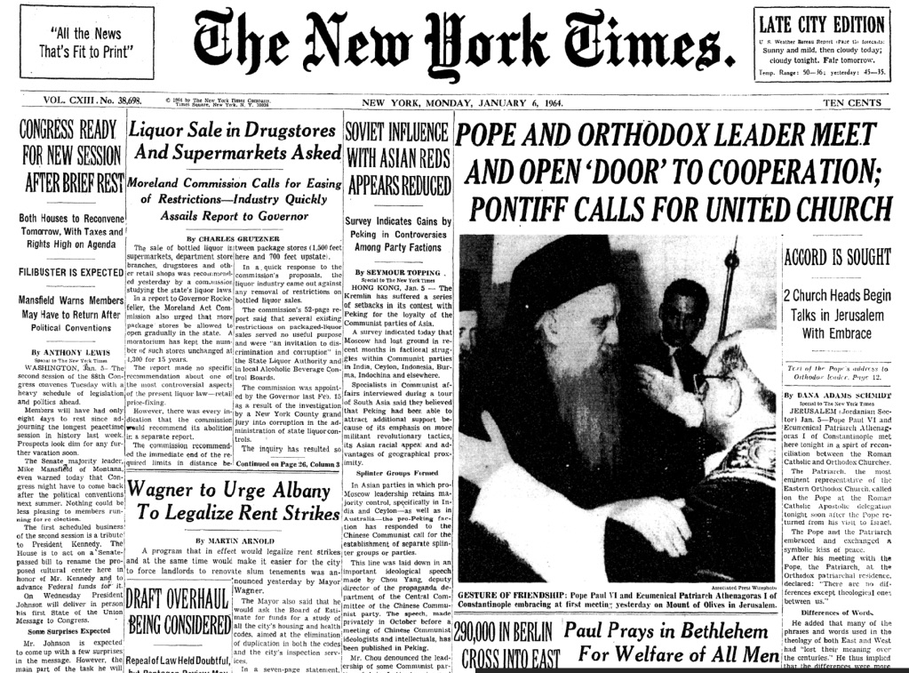 Pope-Paul-VI-Orthodox-Patriarch-Athenagoras-I-Front-page-of-New-York-Times-Jan.-6-1964