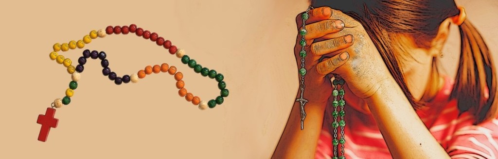 Child praying rosary with image of child's rosary