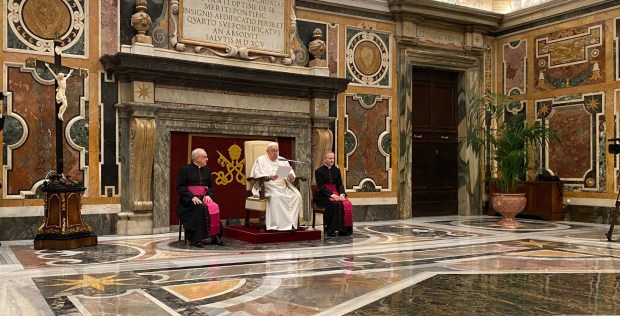 Pope Francis in a meeting with Vatican journalists accredited to the Holy See Press Office on January 22, 2024