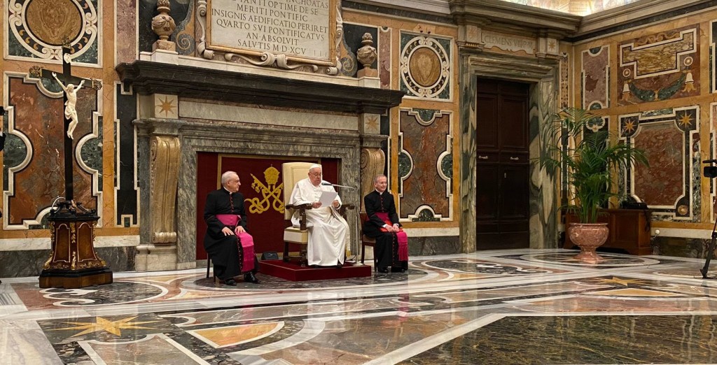 Pope Francis in a meeting with Vatican journalists accredited to the Holy See Press Office on January 22, 2024