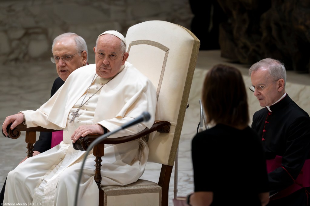Pope Francis during his weekly general audience in Paul VI Hall at the Vatican on February 14, 2024