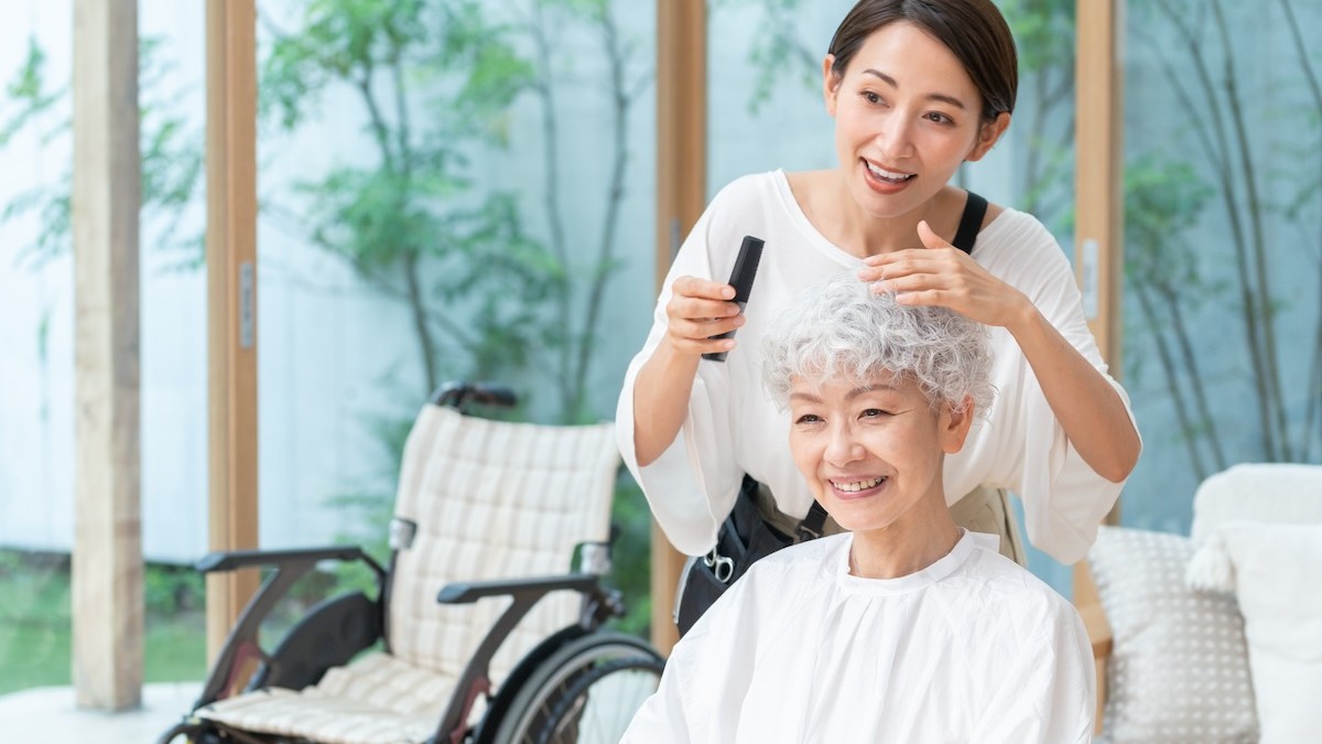 elderly woman hair salon style gray hair white hair curly
