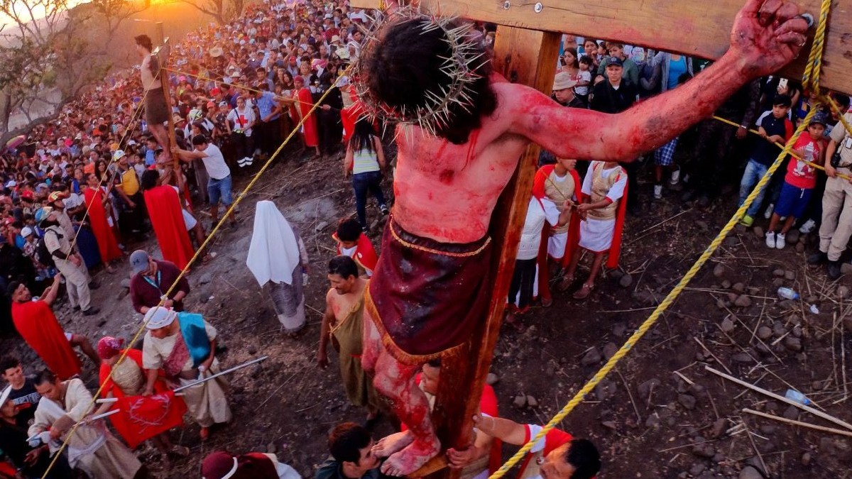 People take part in a performance of "The Passion of Jesus" Good Friday in San Pedro Tiaquepaque, Mexico, on April 7, 2023