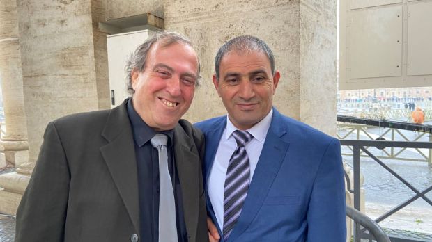 Rami Elhanan and Bassam Aramin, Israeli and Palestinian dads and peace activists who met Pope Francis before the general audience on March 27, 2024.