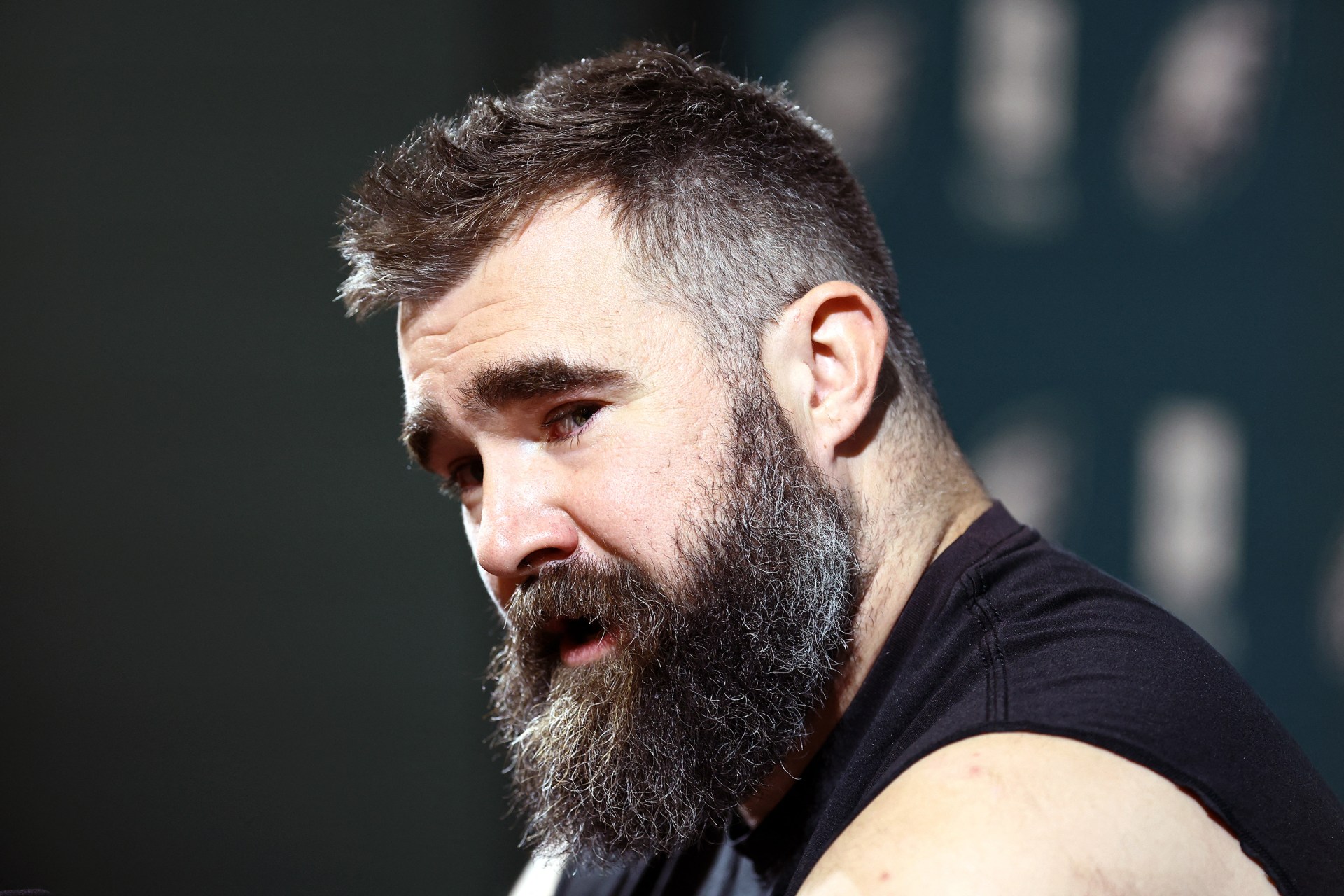 Jason Kelce #62 of the Philadelphia Eagles reacts after announcing his retirement from the NFL