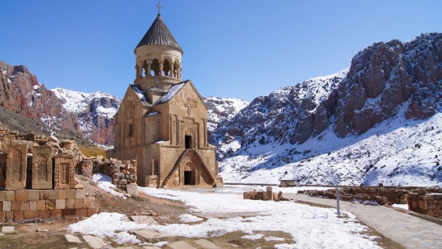 Medieval armenian Noravank monastery complex in winter Armenia