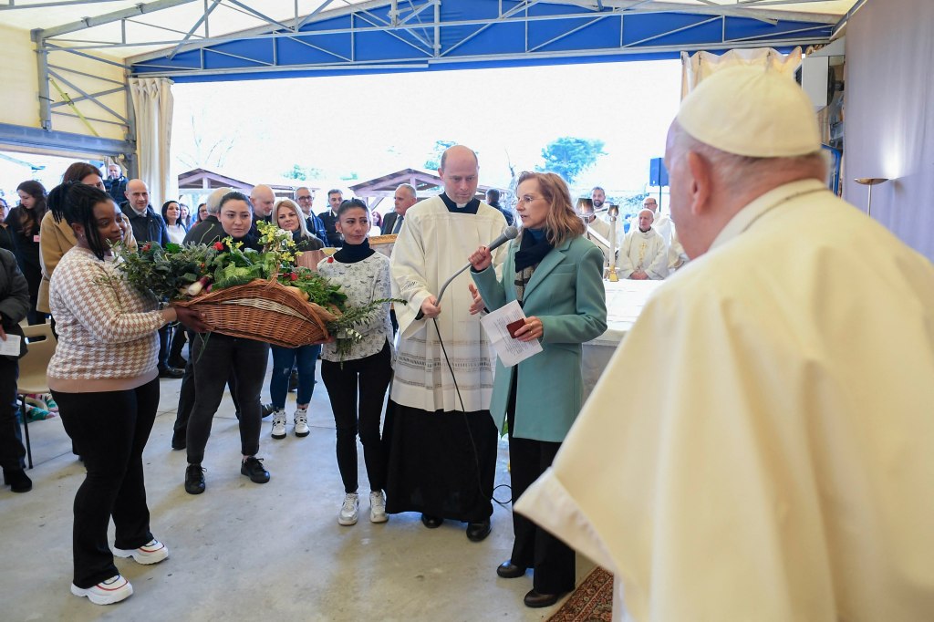 Pope Francis at the Rebibbia prison for women in Rome where he performed the "Washing of the Feet" of inmates during a private visit as part of Holy Thursday