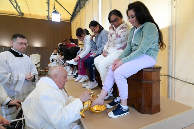 Pope Francis at the Rebibbia prison for women in Rome where he performed the "Washing of the Feet" of inmates during a private visit as part of Holy Thursday