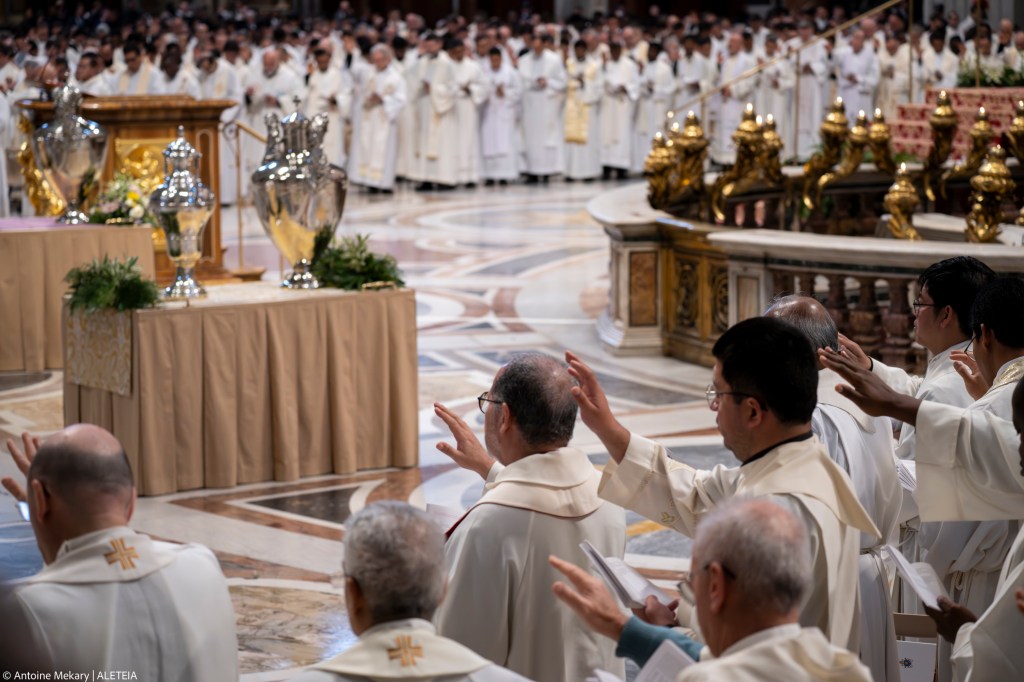 Pope Francis presides the Chrism mass for Maundy Thursday at St Peter's Basilica on March 28, 2024