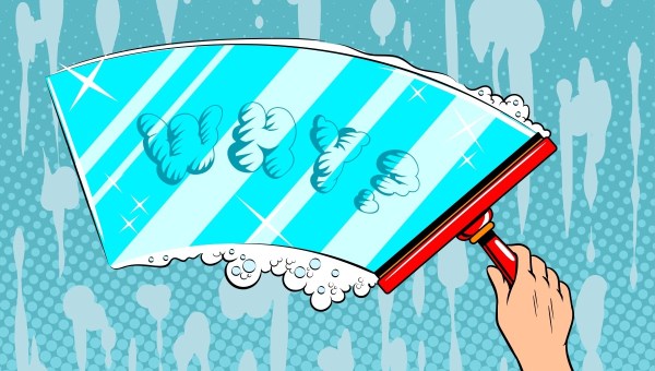 Cleaning window with WHY? in soapsuds