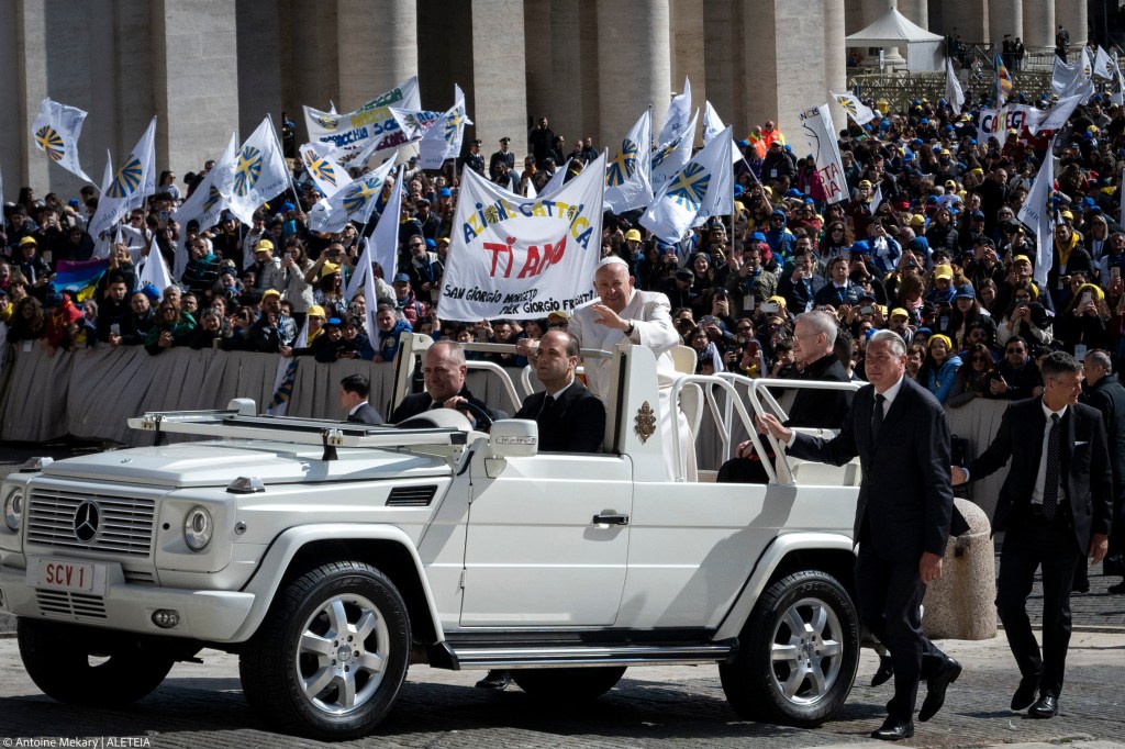Pope Francis during his audience with the Italian Catholic Action Association (Azione Cattolica) in St.Peter's Square at the Vatican on April 25, 2024