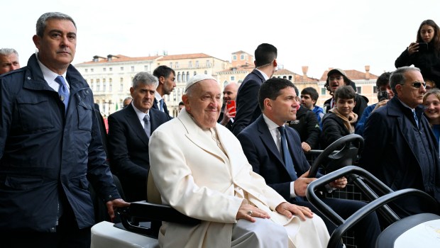 Pope Francis arrives at Santa Maria della Salute basilica for a meeting with young people on April 28, 2024 in Venice