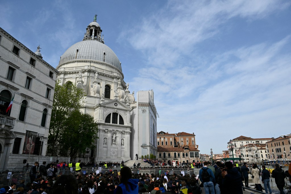 Pope Francis delivers a speech at Santa Maria della Salute basilica during a meeting with young people on April 28, 2024 in Venice